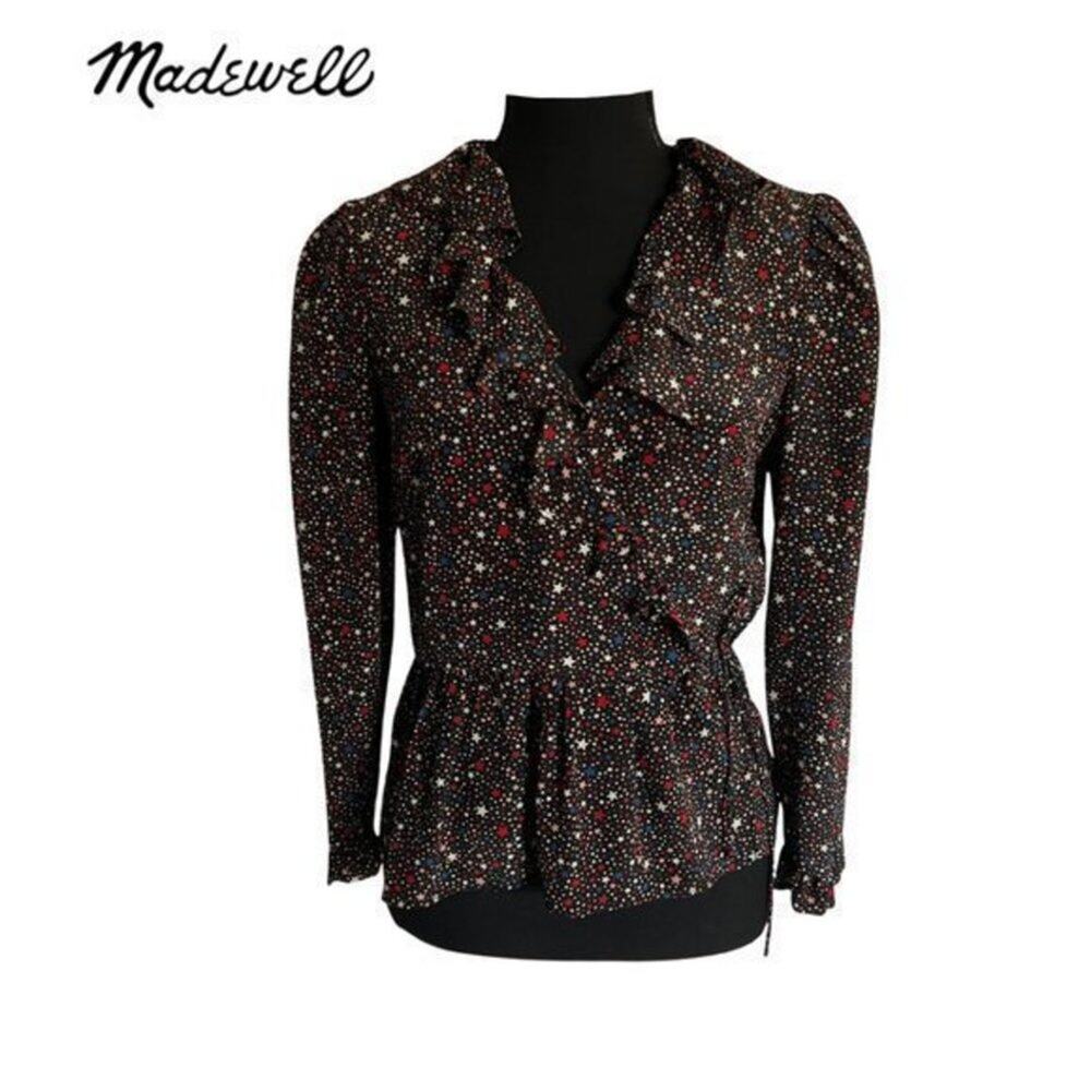 Madewell 100% Silk Ruffle-Hem Wrap Long Sleeve Top in Starry Night xs